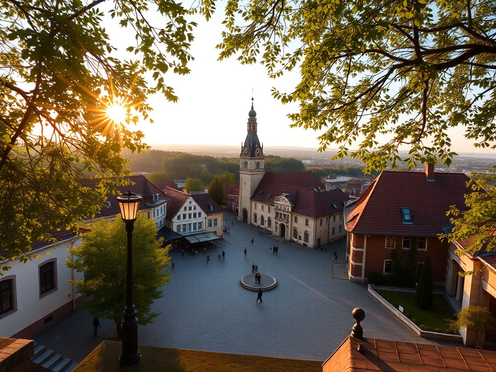 Widok na Rynek w Konstantynowie Łódzkim z kamienicami i kościołem w tle
